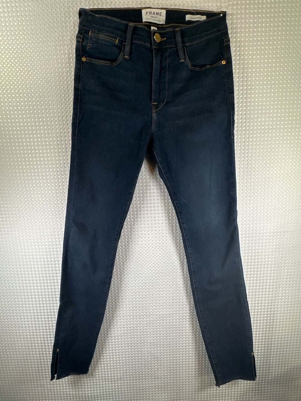 FRAME Le High Skinny Dark Wash Jeans with Frayed Hem and Ankle Zips Size 26